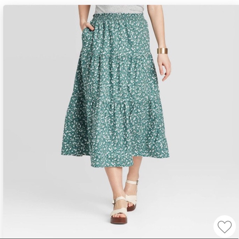 Floral Print Mid-Rise Tiered Skirt Green